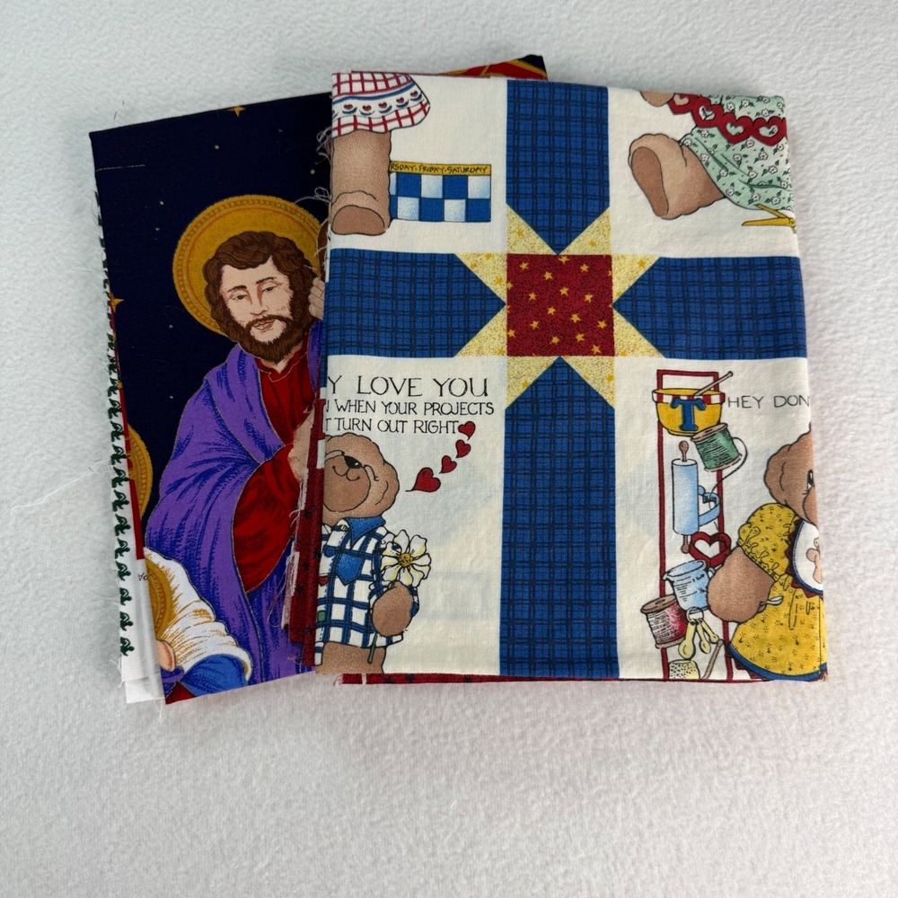 VTG Cotton Fabric Wall Panel Lot Nativity Peace On Earth Teddy Bear Cut & Sew